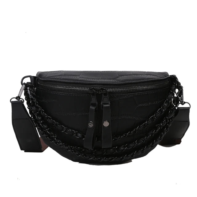 Women Waist Bag High Leather Chest Bag Chain Waist Pack