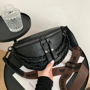 Women Waist Bag High Leather Chest Bag Chain Waist Pack
