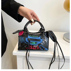 Locomotive Retro Graffiti High Leather Crossbody Bag For Women