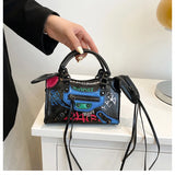 Locomotive Retro Graffiti High Leather Crossbody Bag For Women