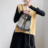 Women Drawstring Stone Pattern Backpack Tassel Bag Weave Small Backpack