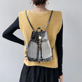 Women Drawstring Stone Pattern Backpack Tassel Bag Weave Small Backpack