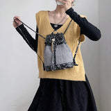 Women Drawstring Stone Pattern Backpack Tassel Bag Weave Small Backpack