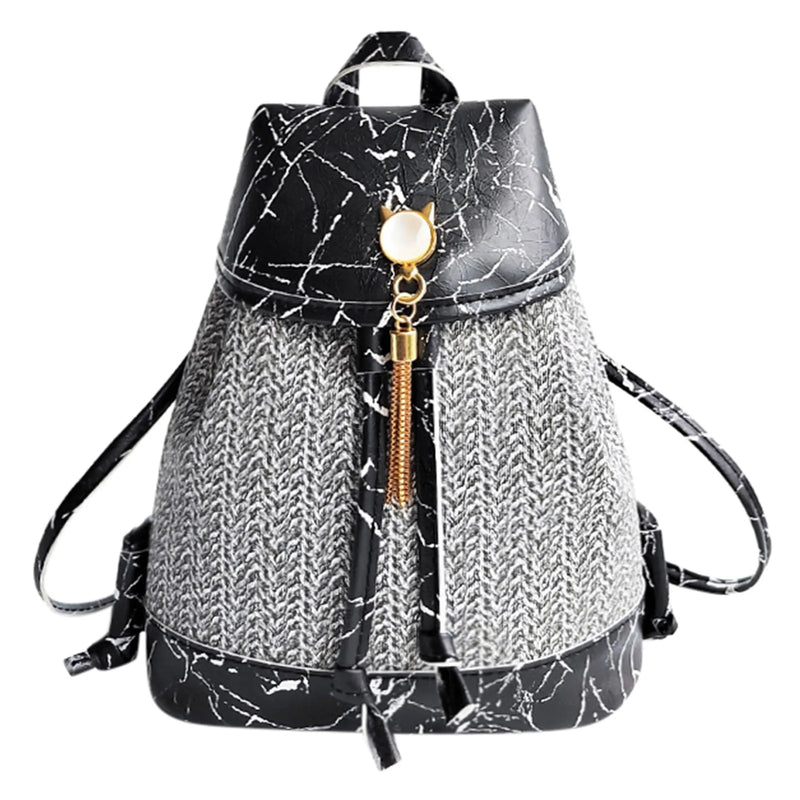 Women Drawstring Stone Pattern Backpack Tassel Bag Weave Small Backpack