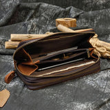 Double Layer Leather Long Purse Vintage Cowskin Zipper Wallet