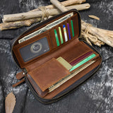 Double Layer Leather Long Purse Vintage Cowskin Zipper Wallet