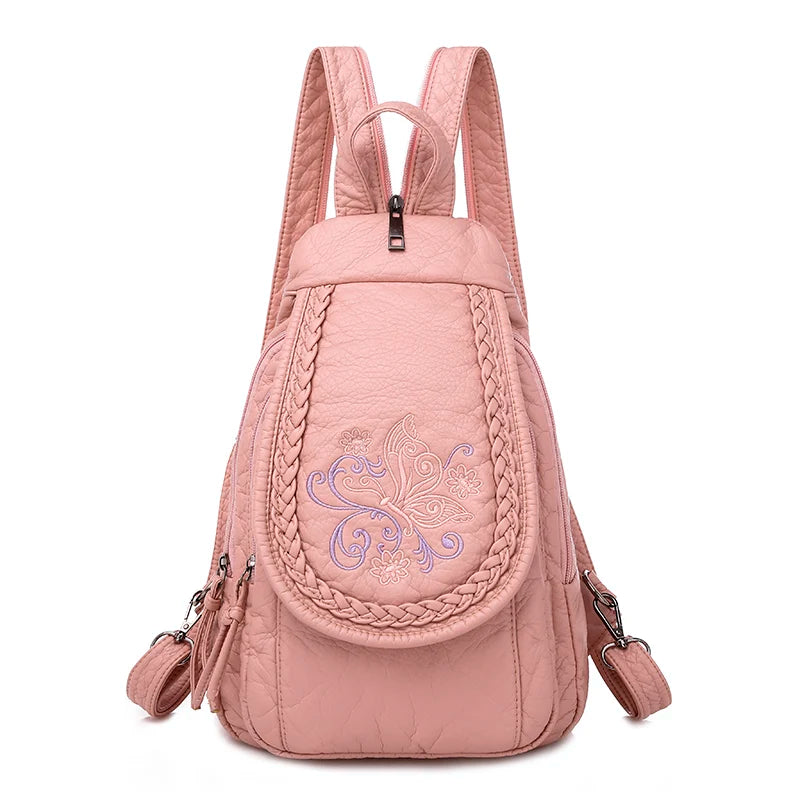 Embroidery Women's Backpack Butterfly Flower Pattern Leather Ladies Backpack