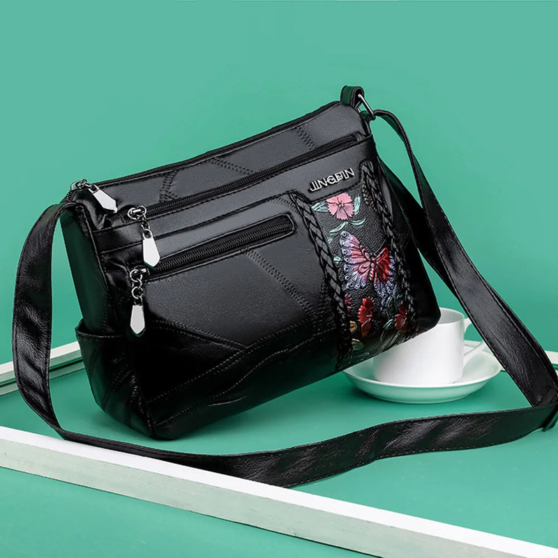 Women PU Leather Shoulder Crossbody Bag Flower Print Messenger Handbag