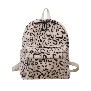 Leopard Print Plush Backpack Women Large Capacity School Bags