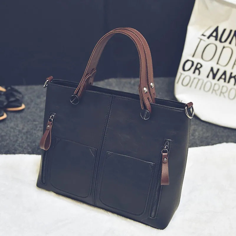 Women Leather Handbags Retro Vintage Litchi Casual Messenger Bag Large Capacity