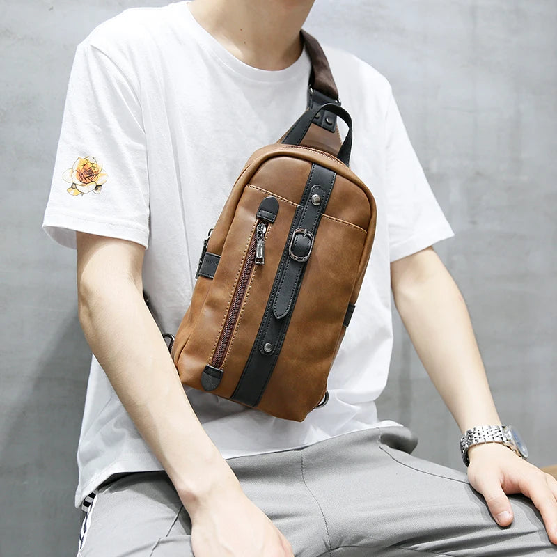 PU Leather Men's Crossbody Bag Single Shoulder Chest Sling Pack Bag