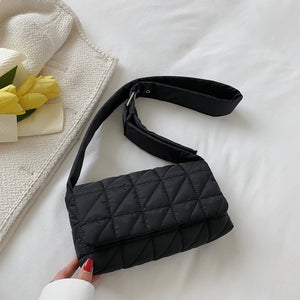 Quilted Shoulder Messenger Bag with Belt Buckle - Women's Crossbody Handbag