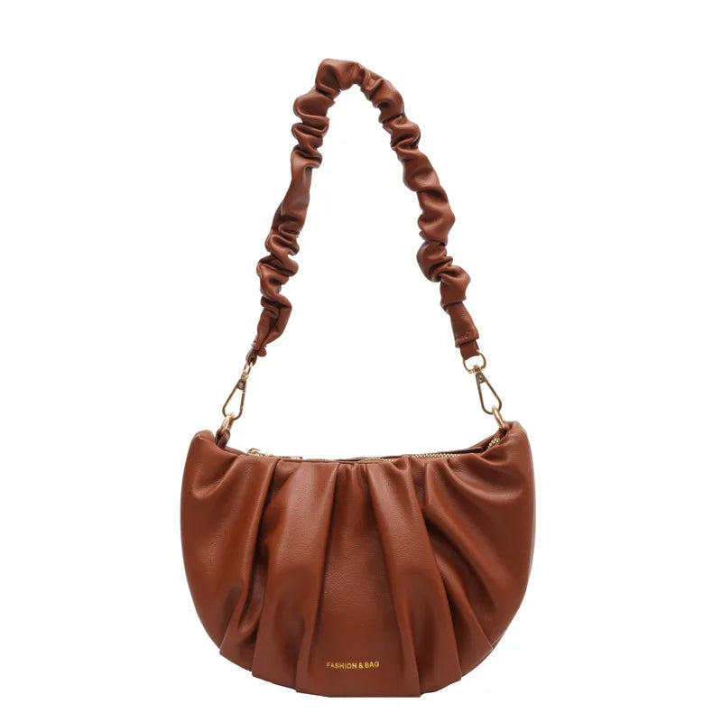 Pleated Shoulder Bag Solid PU Zipper Cross Bag Women Handbag