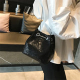 Sequin Women Drawstring Bucket Bag Female Party Purse Handbags