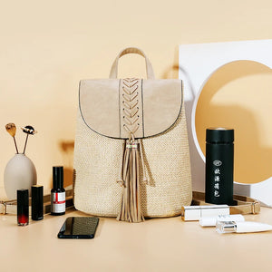Women's Straw Backpack for Summer Travel Weaved Shoulder Bag Mochila