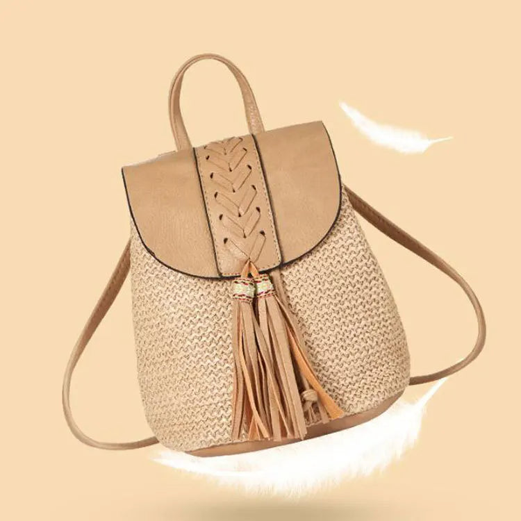 Women's Straw Backpack for Summer Travel Weaved Shoulder Bag Mochila