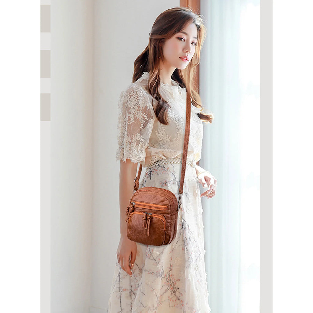 Vintage Leather Cross-body Bag Women Retro Shoulder Earphone Hole