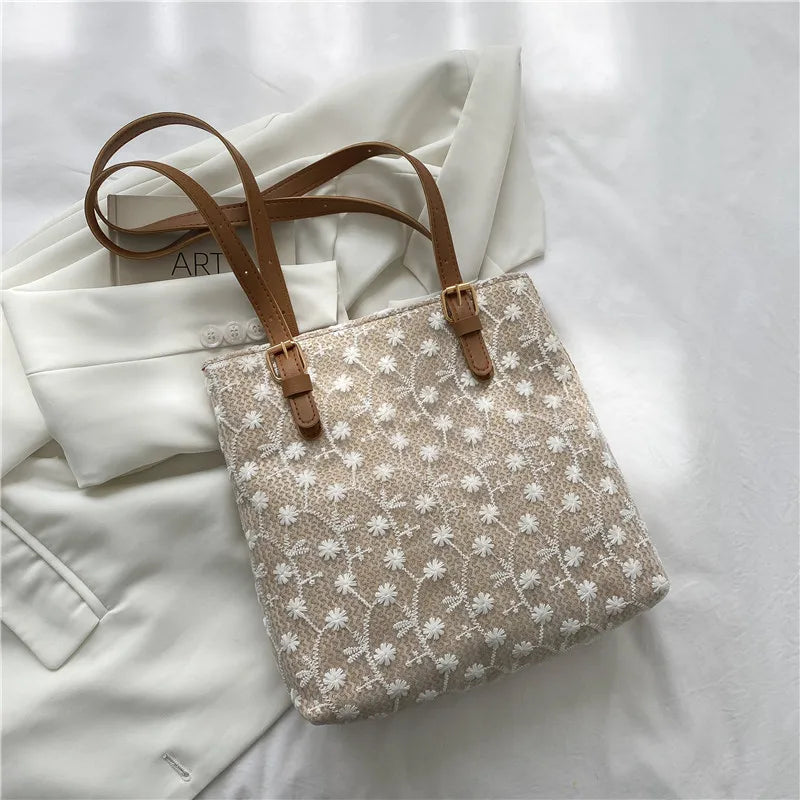 Straw Shoulder Bag Lace Woven Large Capacity Tote Ladies Shopping Bag