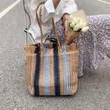 Stripes Straw Shoulder Handbags Summer Beach Holiday Totes Bags