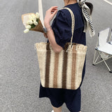 Stripes Straw Shoulder Handbags Summer Beach Holiday Totes Bags