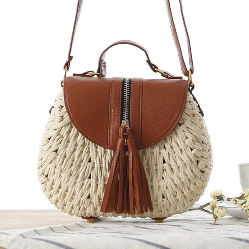 Boho Straw PU Chain Messenger Bag Beach Rattan Woven Large Capacity Bohemian