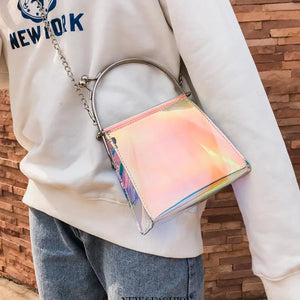 Women Messenger Bag PU Leather Transparent Satchel Metal Chain Handbag