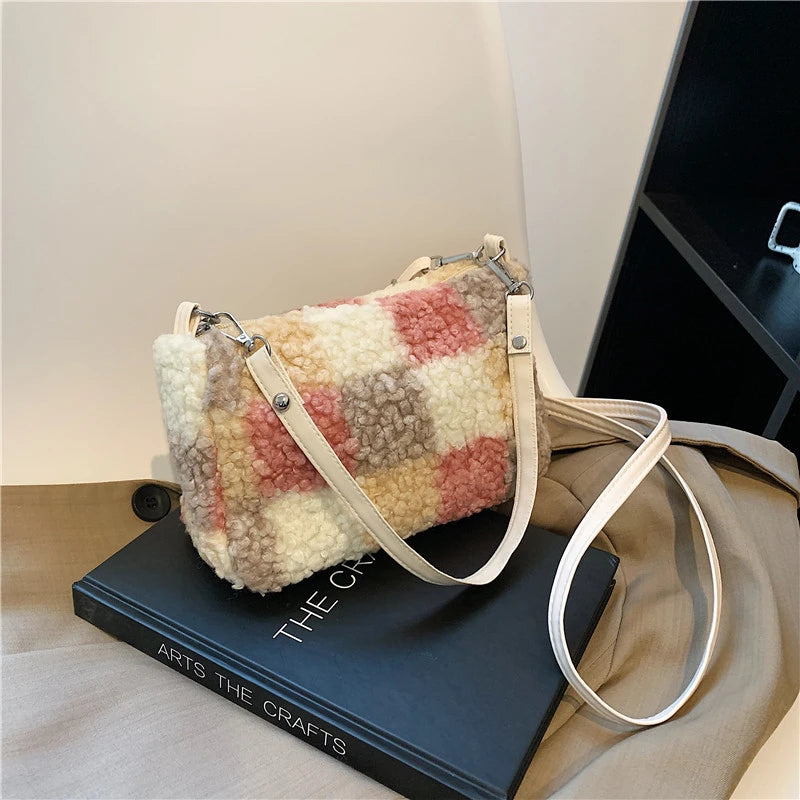 Women Short Plush Furry Handbag Top Handle Shoulder Bags
