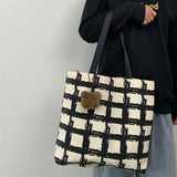Women Shoulder Bags Plaid Handbag Student School Large Capacity Totes Canvas Bag