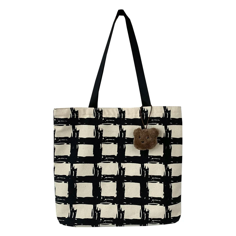 Women Shoulder Bags Plaid Handbag Student School Large Capacity Totes Canvas Bag