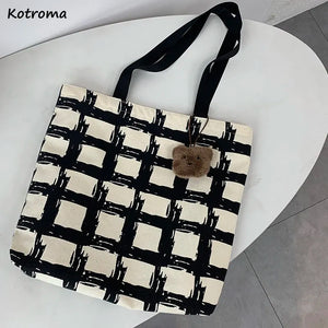 Women Shoulder Bags Plaid Handbag Student School Large Capacity Totes Canvas Bag