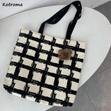 Women Shoulder Bags Plaid Handbag Student School Large Capacity Totes Canvas Bag