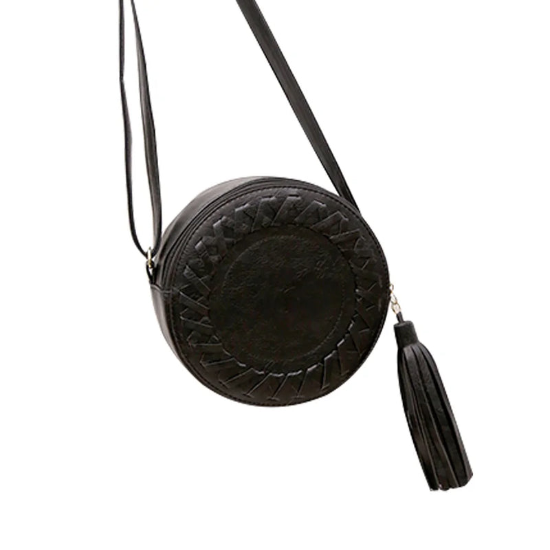 Women Tassel Weave Cross Body Bag Round Messenger Roll Shoulder UND
