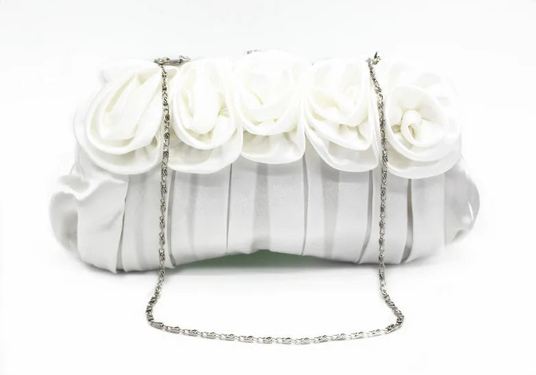 Retro Silk Flower Shoulder Bag Metal Evening Clutch Purse