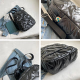 Women's Stripe Space Backpack Down Fabric Cotton Backpacks for Teenager Girls