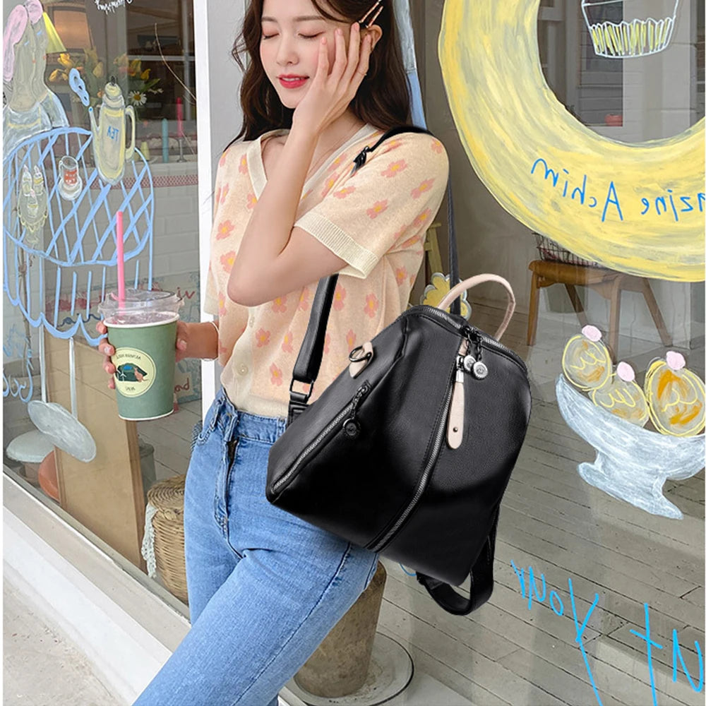 Stylish PU Leather Backpack for Women Solid Shoulder Bag