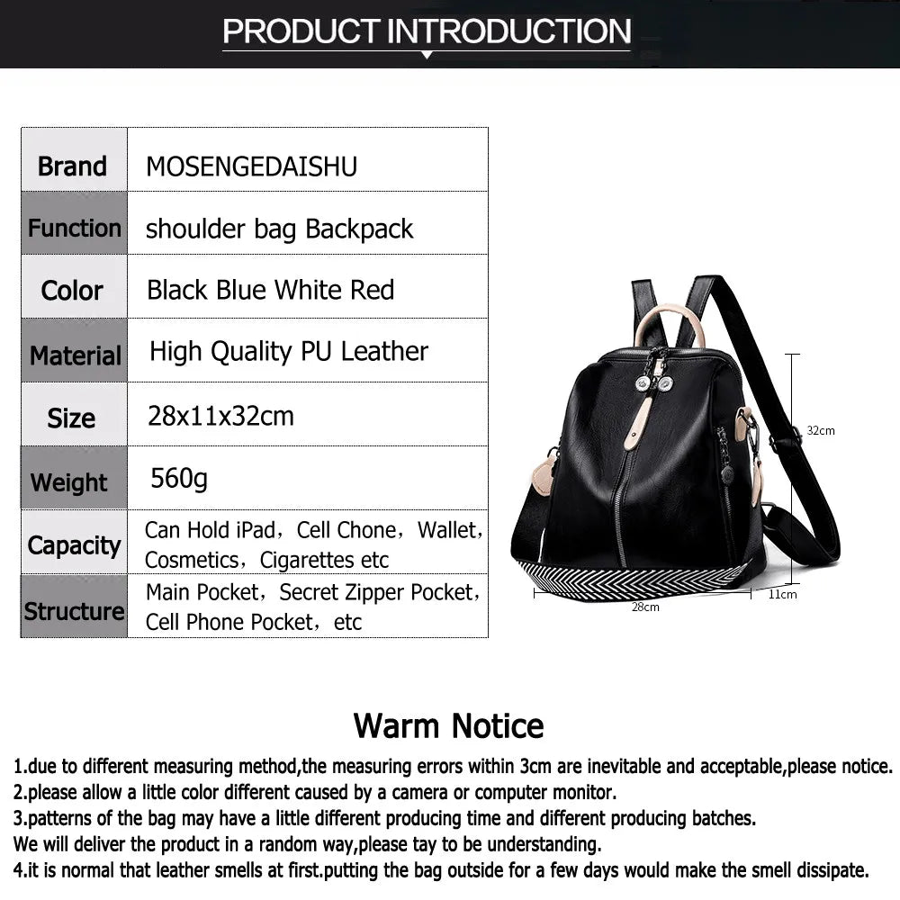 Stylish PU Leather Ladies Backpack Shoulder Bag