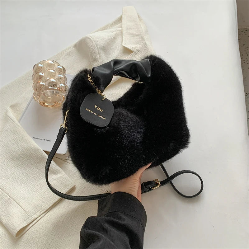 Faux Fur Handbags for Women Warm Plush Tote Bag Wallets