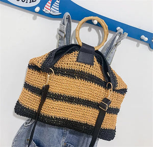 Female Straw Bag Women Crossbody Bag Carry Bamboo Make Straw Handle Handbag