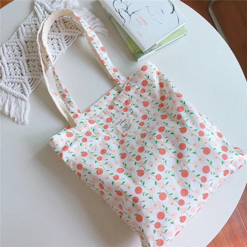 Fresh Flower Cotton Rag Bag Large Capacity Eco Tote Summer Shoulder Bag