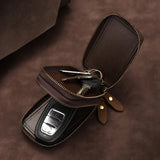 Leather Car Key Pouch Wallet Double Zipper Crazy Horse Leather Keychain Holder