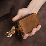 Leather Car Key Pouch Wallet Double Zipper Crazy Horse Leather Keychain Holder