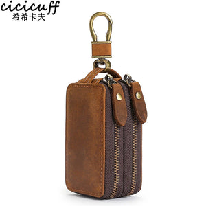 Leather Car Key Pouch Wallet Double Zipper Crazy Horse Leather Keychain Holder