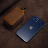 Leather Car Key Pouch Wallet Double Zipper Crazy Horse Leather Keychain Holder