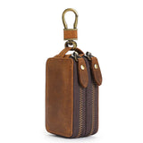 Leather Car Key Pouch Wallet Double Zipper Crazy Horse Leather Keychain Holder