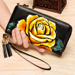 Women's Long Leather Wallet Floral Clutch Purse