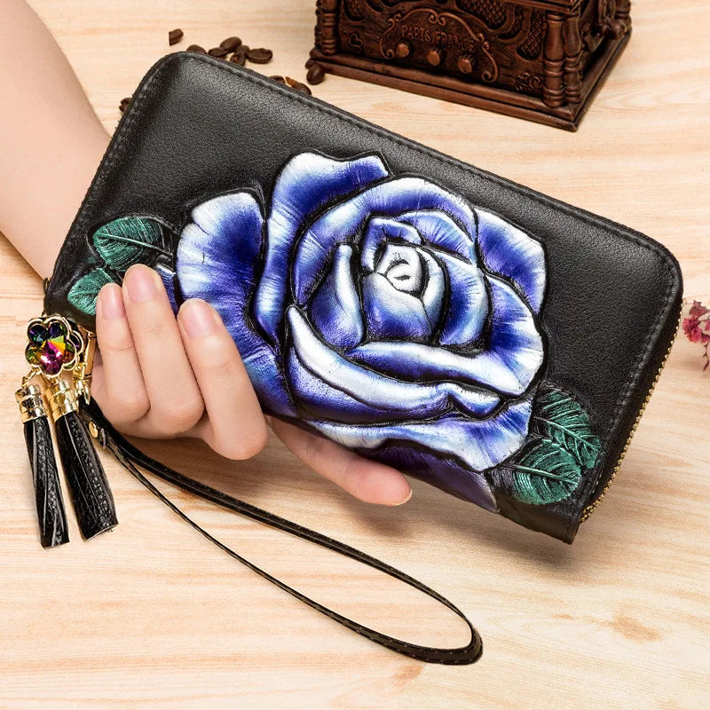 Women's Long Leather Wallet Floral Clutch Purse