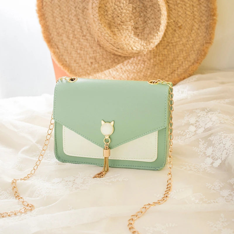 Tassel Chain Shoulder Bag Small Cat Patchwork Crossbody Bag