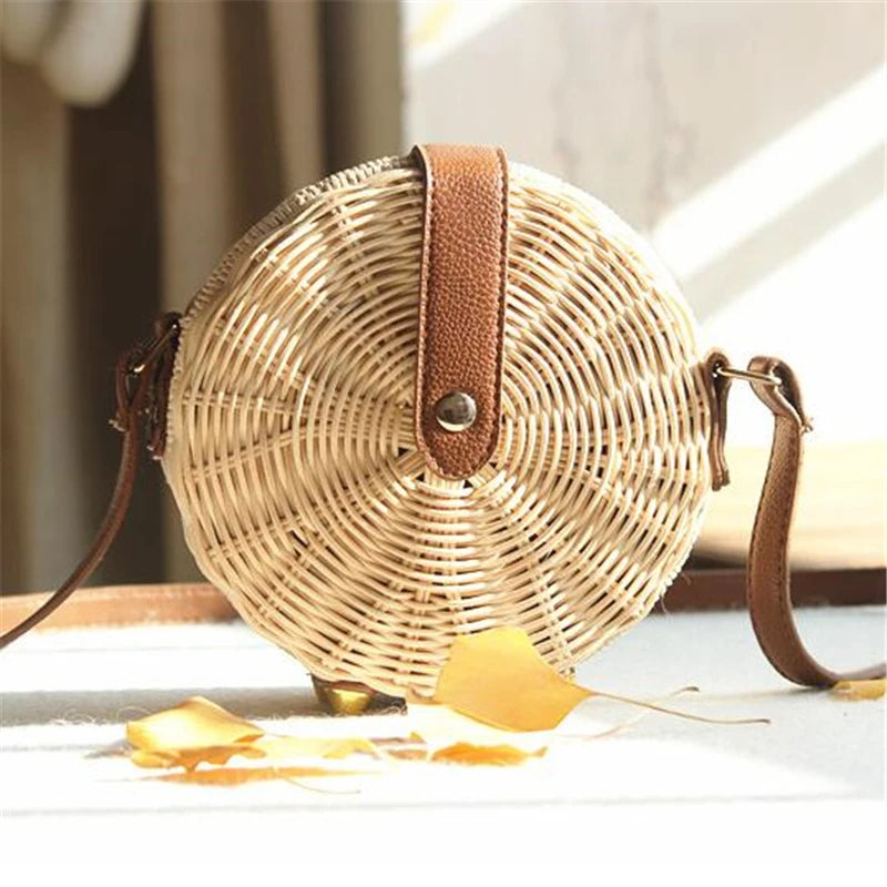 Bohemian Straw Shoulder Bag Beach Circle Handbag Sling Clutch Summer Travel