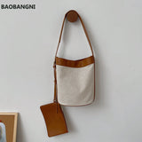 Canvas PU Leather Ladies Bucket Bag Shoulder Crossbody Bag