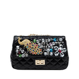 Solid Diamond Inlaid Leather Crossbody Bag with Peacock Chain
